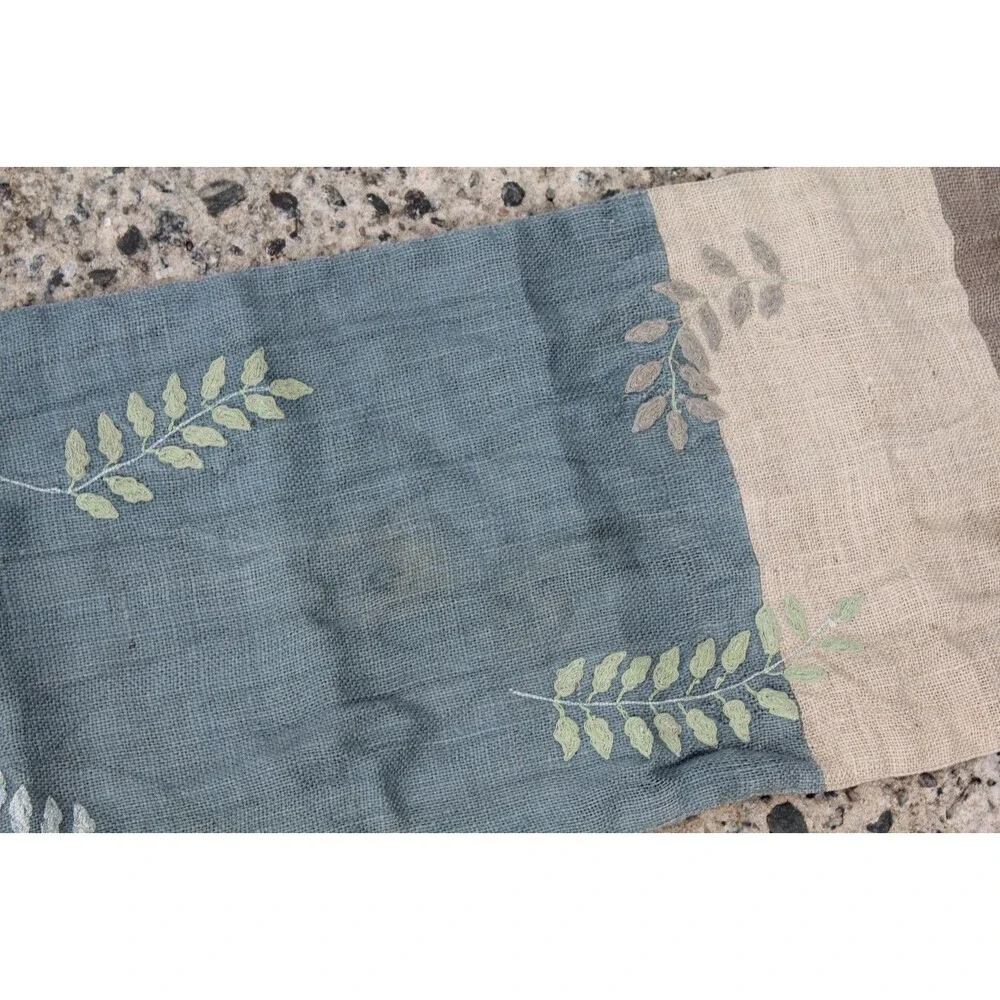 Pier 1 Imports Table Runner Jute Cotton Blue Green Leaves Embroidered 65